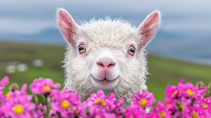 Fototapeta premium Happy lamb in pink flowers, hillside background, spring farm