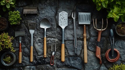 top view collection set Assorted gardening tools neatly arranged on a rustic stone surface with plants.