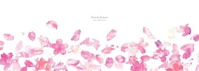  水彩画。水彩タッチの春の桜ベクターイラスト。春の満開の桜背景。かわいい桜の花びら。Watercolor painting. Spring cherry blossom vector illustration with watercolor touch. Spring cherry blossom background in full bloom. Cute cherry petals.