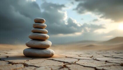 Fototapeta premium zen, stones, tall, stack, uneven, rugged, textures, cracked, desert, soil, dramatic, sky, sandstorm, clouds, dust, wind, trails, swirling, base, hyperrealistic, detail, serene, tranquil, harmony, 