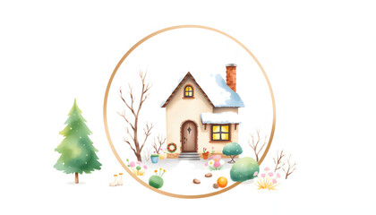 Watercolor illustration with round frame, winter house and garden on white background, clipart style. isolated with white shades
