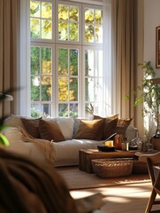 Fototapeta premium Cozy Autumn Living Room Sunlight Through Window