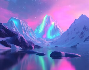 Pastel aurora borealis illuminates snow-capped mountains reflecting in a calm lake.