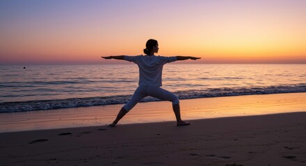 Sunset Warrior Pose: A woman practices Warrior II yoga pose on a serene beach at sunset, silhouetted against the vibrant colors of the sky and ocean.  The image conveys tranquility, balance.