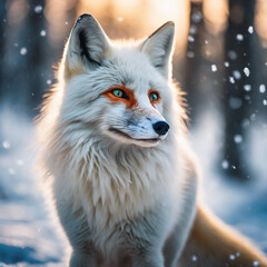 Obraz premium a beautiful, majestic white fox with shiny fur and piercing eyes and her two cubs with the same characteristics,...(1).