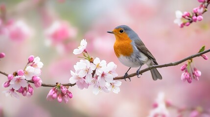 robin bird on cherry blossom branch
