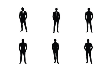 Six black silhouette figures of businessmen in formal suits, standing with hands in pockets, against a white background.