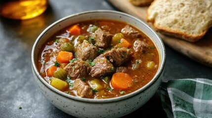 Delicious beef stew with carrots and peas, served in a bowl.