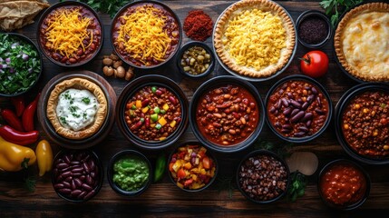Overhead shot of various chili dishes, toppings, and sides on a wooden table.