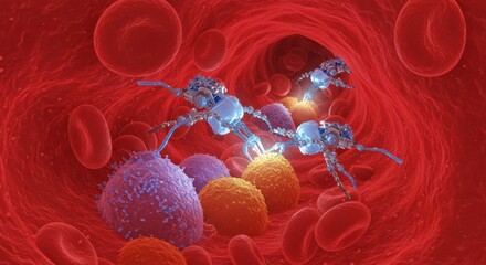 Obraz premium Nanobots on a Mission: A microscopic view into the bloodstream, where tiny nanobots navigate a labyrinth of red blood cells and cancer cells.