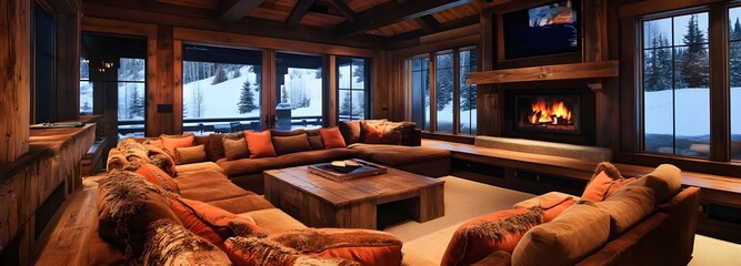 Naklejka premium A cozy family room with plush armchairs, a large sectional, and a wooden coffee table