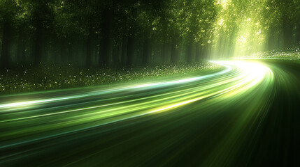 Dynamic fast-moving green light with motion blur and sleek stripes, symbolizing energy, growth, and transformation. Modern blurred background with empty space for captions, evoking futuristic motion