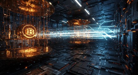 Cryptocurrency Core: Abstract digital art depicting a glowing Bitcoin symbol at the heart of a complex, futuristic technological network.