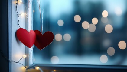 Two Red Paper Hearts Hanging on a Snowy Window with Fairy Lights