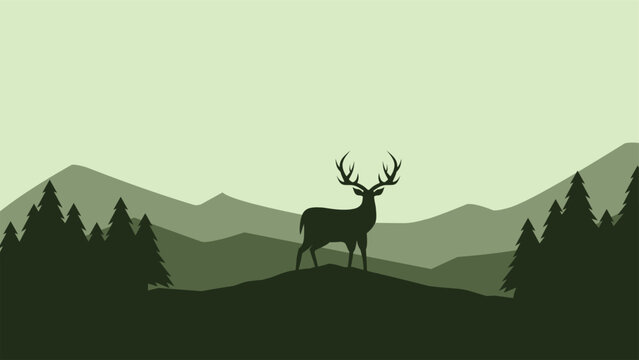Wildlife landscape of deer silhouette on a mountain ridge scenery. Panoramic view of deer on a hill with coniferous tree. Vector illustration of scenic landscape with deer in the pine forest