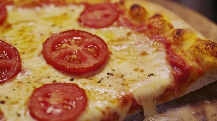 Appetizing cheese pizza with tomato slices and red onions, served warm from the oven. Enjoy this delightful Italian dinner with family and friends.