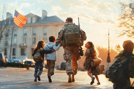 Soldier Joyfully Embracing Children During Emotional Homecoming Reunion