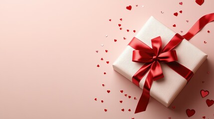 Obraz premium White Gift Box with Red Ribbon on Pink Background