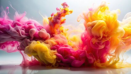 Obraz premium Dreamy abstract wallpaper: pink and yellow watercolor ink swirls in an ethereal, artistic composition.