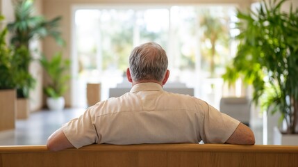Senior man relaxing in bright conservatory with plants. Perfect for retirement lifestyle, indoor gardening, and peaceful living concepts.