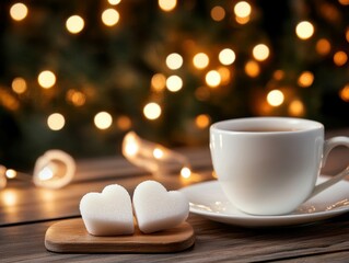 White Teacup And Sugar Hearts On Wooden Table With Warm Lights