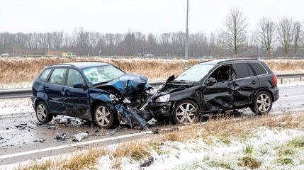 Accident on highway winter conditions impacting blue and black suvs