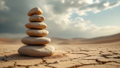 zen, stones, tall, stack, uneven, rugged, textures, cracked, desert, soil, dramatic, sky, sandstorm, clouds, dust, wind, trails, swirling, base, hyperrealistic, detail, serene, tranquil, harmony,
