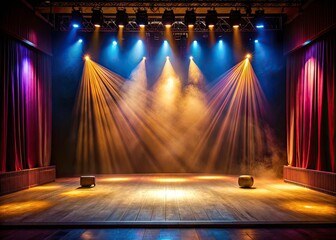 Empty auditorium bathed in low light, a single spotlight paints the stage, evoking a dramatic, performance space stillness.