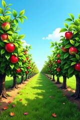 A picturesque pathway meanders through a vibrant orchard, lined with rows of apple trees laden with ripe, red fruit under a clear, sunny sky.