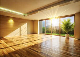 Fototapeta premium Empty, sun-drenched beige room. 3D render showcasing wood floors and ample copy space.