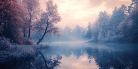 Fototapeta premium Sunset on calm lake in autumn forest with light mist