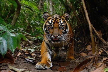 Obraz premium A Bengal tiger in a jungle setting, looking directly at the camera.