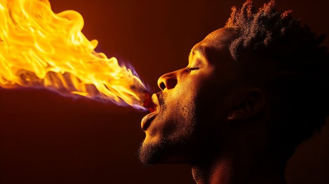 Fire breather performing with dramatic lighting. Perfect for street performance, circus arts, and entertainment spectacle concepts. - Powered by Adobe