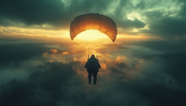 Paraglider soars above misty mountain valley at sunset