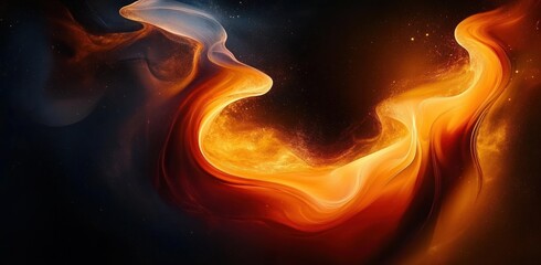 Vibrant Abstract Fluid Art Background with Orange and Yellow Flames on Dark Canvas