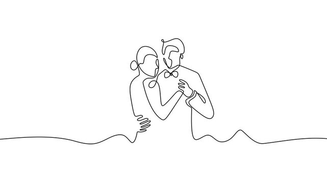 Single one line drawing animation of a man and woman romantic professional dancer couple dancing tango, waltz dances on dancing contest dancefloor. Modern continuous line draw design animation