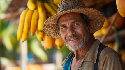 Senior banana farmer with tropical fruit harvest. Perfect for agriculture, local farming, and sustainable production concepts.