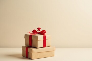 A pair of kraft paper gift boxes adorned with a vibrant red ribbon and star accent, arranged on a minimalist neutral backdrop.
