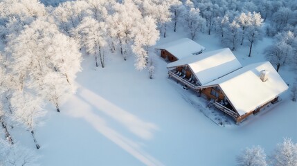Snow-covered cabin in winter forest aerial view. Perfect for winter tourism, mountain retreats, and seasonal getaway concepts.