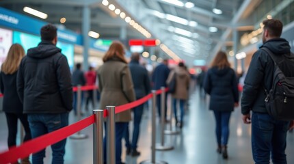 Fototapeta premium People Waiting in Line at an Indoor Public Setting with Bright Lighting