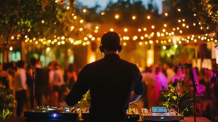 DJ playing music at an outdoor party at night with fairy lights and dancing crowd.
