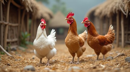 Fototapeta premium Three Majestic Chickens in a Picturesque Rural Farm Setting
