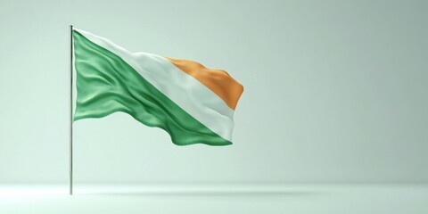 3D Render of the Ivory Coast Flag Waving Gracefully on a Pole Against a Subtle Light Green Background