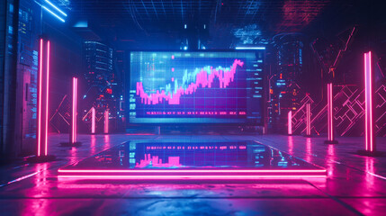 Futuristic neon data center with stock market display and glowing lights