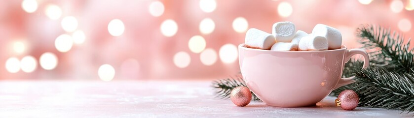 A cup of cocoa filled with marshmarow, festive winter decor with shiny gold ornaments and flower 