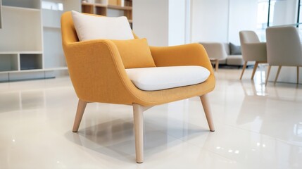 Modern yellow armchair in minimalist interior. Ideal for furniture design, contemporary decor, and interior styling concepts.