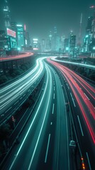 Obraz premium Futuristic Night Cityscape with Dynamic Roads and Light Trails