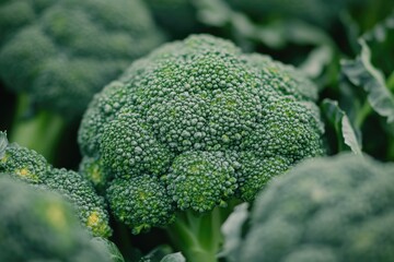 Vibrant green broccoli florets with a frosty appearance, indicating freshness and high nutritional content.