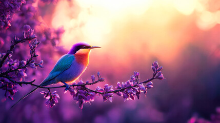 Obraz premium Vibrant bird perched on blossoming branch at sunset with lush colors, on gradient nature background
