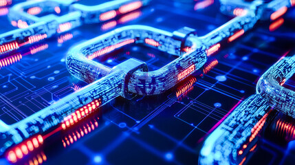 Glowing blue digital blockchain chain with circuitry background